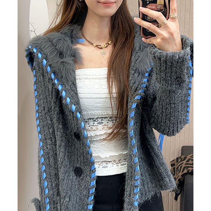 ハンドステッチフードファーニットカーディガン | me Jane | 詳細画像2 