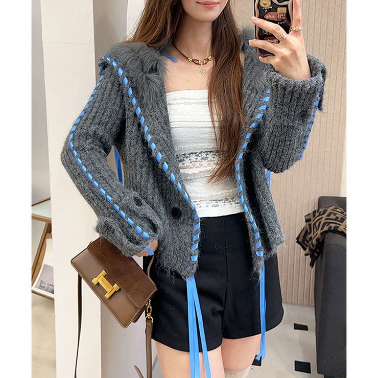 ハンドステッチフードファーニットカーディガン | me Jane | 詳細画像3 