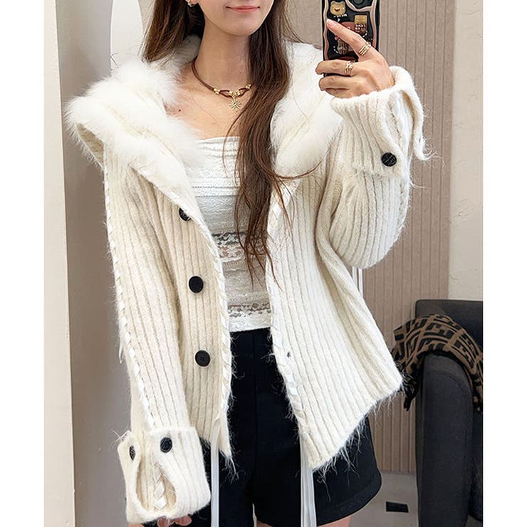 ハンドステッチフードファーニットカーディガン | me Jane | 詳細画像5 