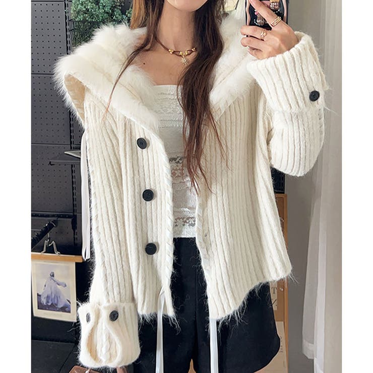 ハンドステッチフードファーニットカーディガン | me Jane | 詳細画像6 