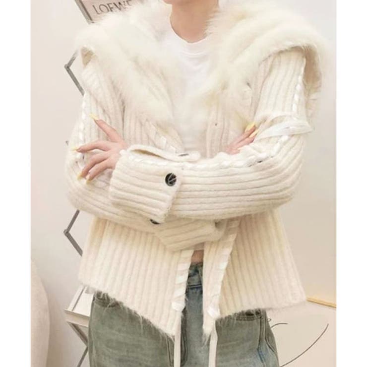 ハンドステッチフードファーニットカーディガン | me Jane | 詳細画像7 