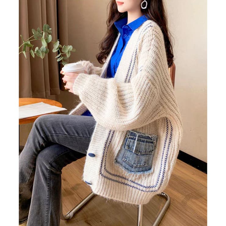 デニムポケットオーバーサイズニットカーディガン[品番：MJNW0003426