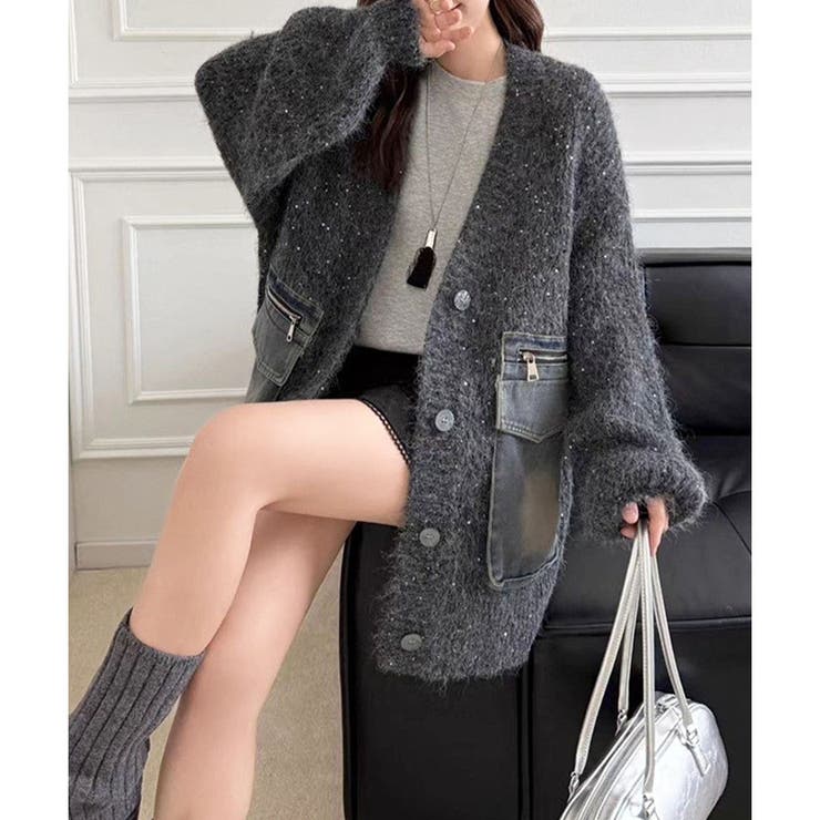 デニムビックポケットラメニットカーディガン | me Jane | 詳細画像4 