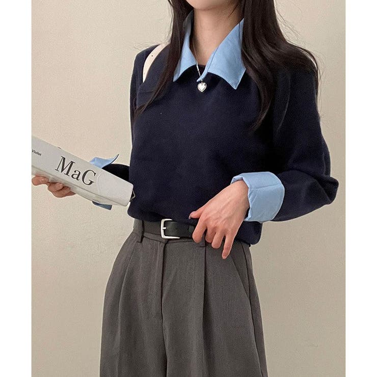 ネービー | レイヤード風ニットカーデ | me Jane