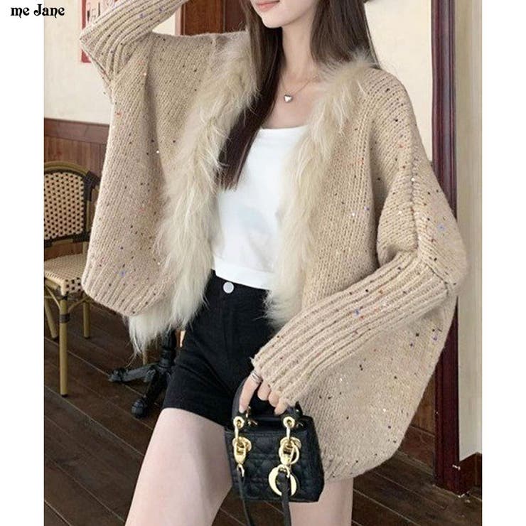 ファー付キラキラニットカーディガン | me Jane | 詳細画像1 