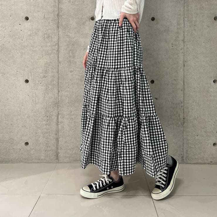 ギンガムチェックティアードロングスカート[品番：MJNW0003083]｜me