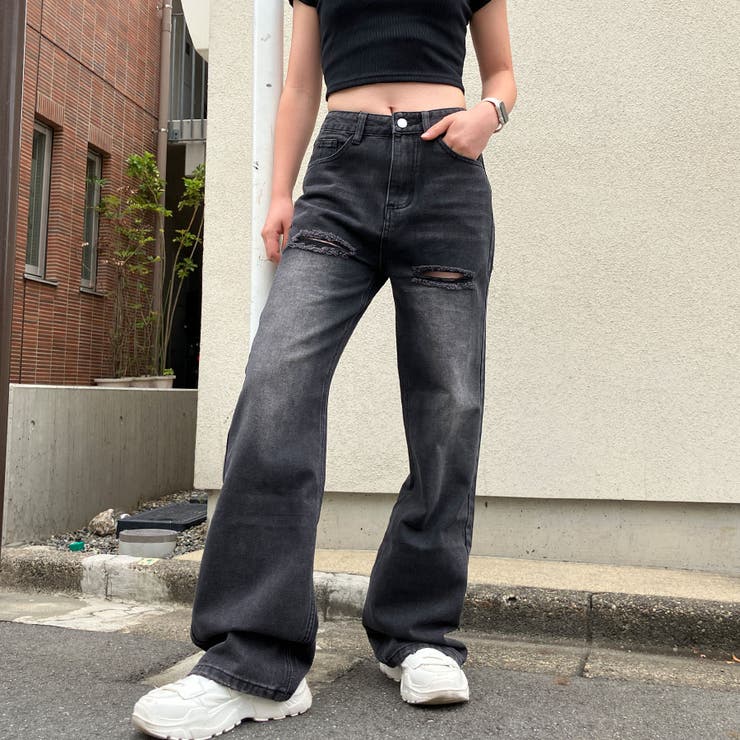 デニム Gパン ダメージ加工 配色 ストレートパンツ カジュアル ジーンズ デニム デニムパンツ ダメージ加工 パンツ レディース