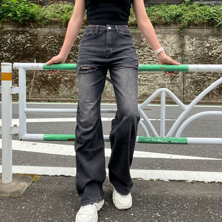 ［GUMZZI］ダメージストレートハイウエストデニムパンツto26261 ハイウエストBOTH SIDE RIPPEDストレートワイドデニムパンツ