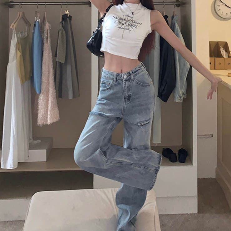 【新色追加！！】バッグダメージデニムストレートパンツ | me Jane | 詳細画像4 