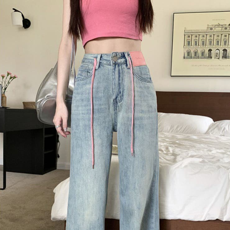 ピンクパッチデニムストレートパンツ[品番：MJNW0002225]｜me Jane