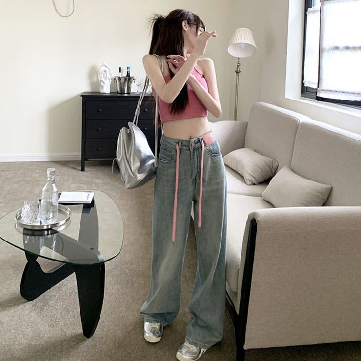 ピンクパッチデニムストレートパンツ[品番：MJNW0002225]｜me Jane