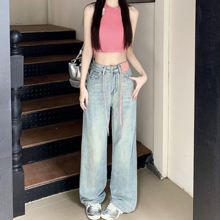 ピンクパッチデニムストレートパンツ[品番：MJNW0002225]｜me