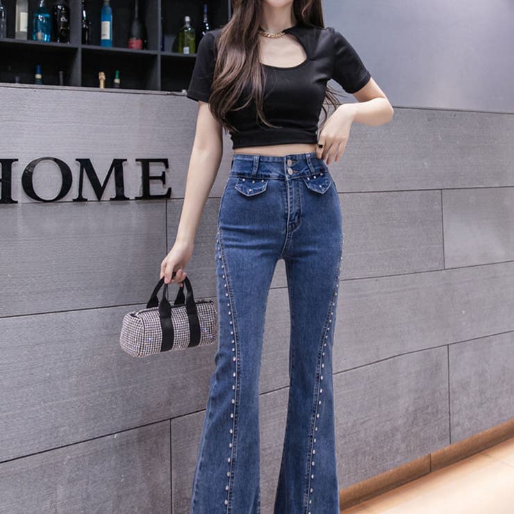 ビジュー付き裾フリンジフレアデニムパンツ | me Jane | 詳細画像4 