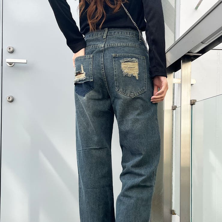 ブルー | バックポケットダメージデニムストレートパンツ | me Jane