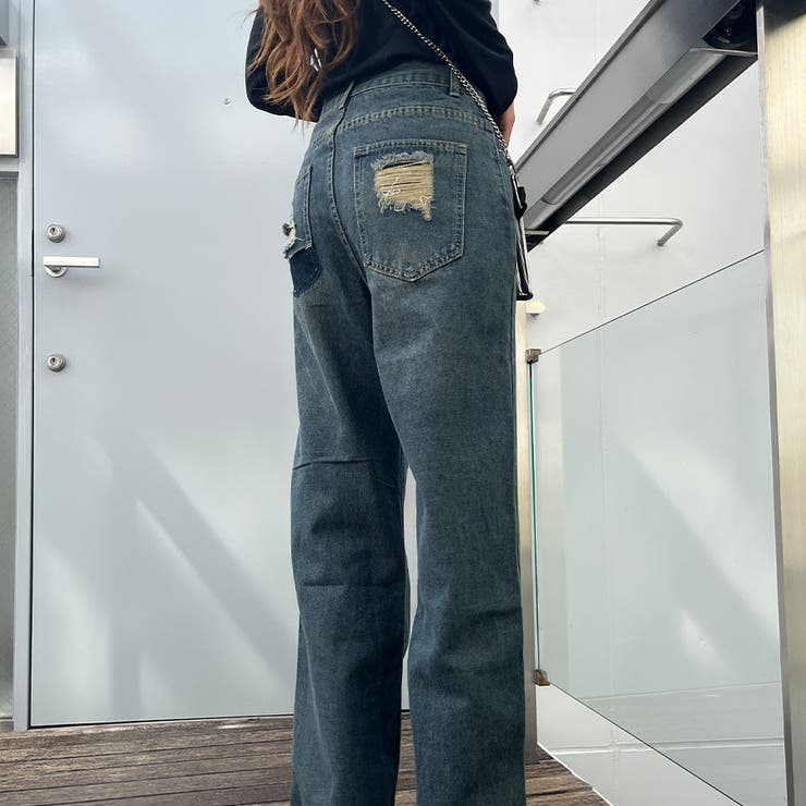 バックポケットダメージデニムストレートパンツ | me Jane | 詳細画像3 
