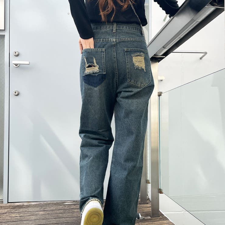 バックポケットダメージデニムストレートパンツ | me Jane | 詳細画像5 