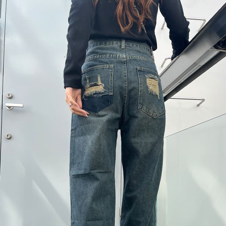 バックポケットダメージデニムストレートパンツ[品番：MJNW0002554