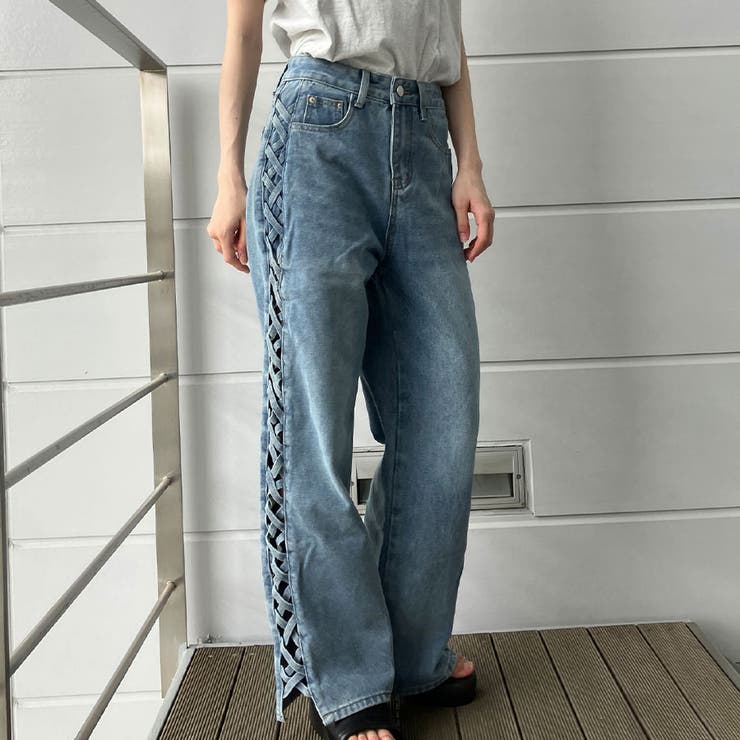 【新色追加】サイドカットアウトデニムストレートパンツ | me Jane | 詳細画像37 