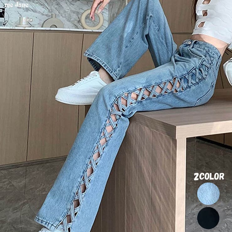 【新色追加】サイドカットアウトデニムストレートパンツ | me Jane | 詳細画像1 