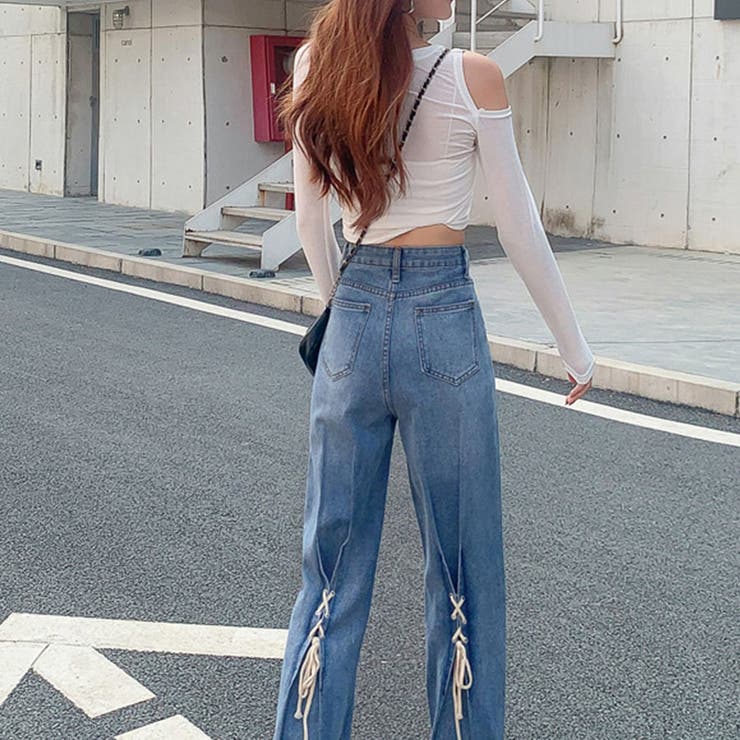 バックレースアップリボンデニムストレートパンツ[品番：MJNW0002844 