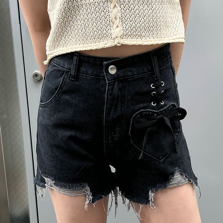 ダメージデニムハートポケットサテンリボンショートパンツ 春