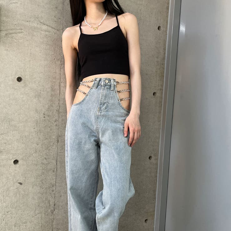 【韓国ファッション】サイドカット 着やせ デニムパンツ サイドカットアウトチェーン付デニムストレートパンツ 春 韓国