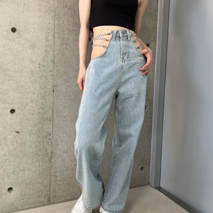 サイドカットアウトチェーン付デニムストレートパンツ 春 韓国トップス