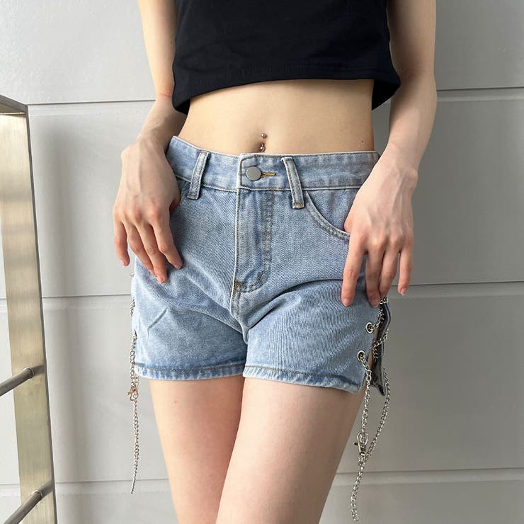 サイドチェーンレースアップデニムショートパンツ[品番：MJNW0002882