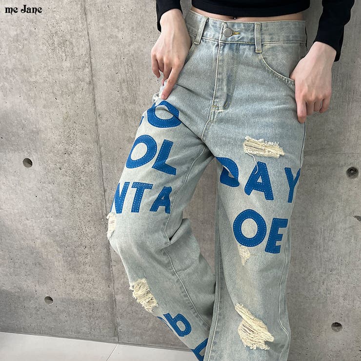 ロゴペイントダメージデニムストレートパンツ[品番：MJNW0002943]｜me 