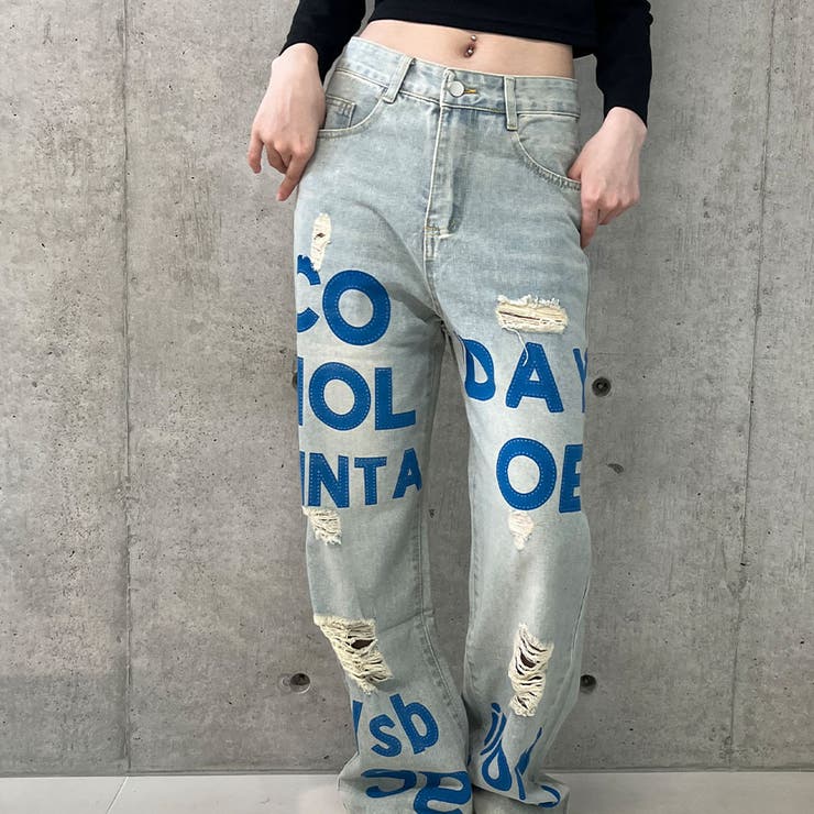 ロゴペイントダメージデニムストレートパンツ[品番：MJNW0002943]｜me 