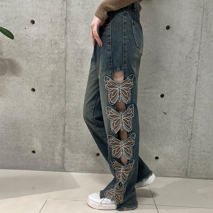 サイドバタフライモチーフデニムストレートパンツ[品番：MJNW0003040