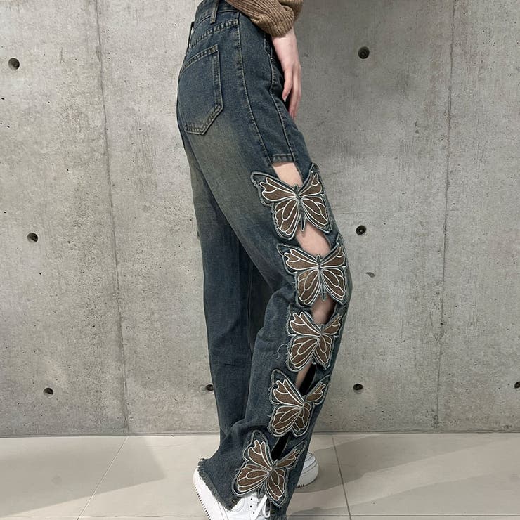 サイドバタフライモチーフデニムストレートパンツ[品番：MJNW0003040