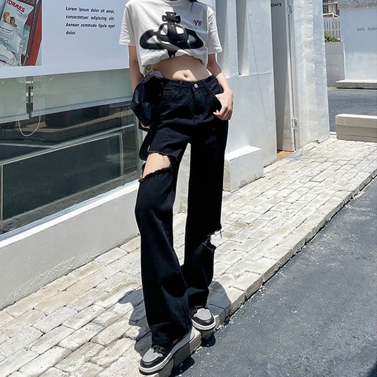 ダメージブラックデニムパンツ[品番：MJNW0003092]｜me Jane（ミー