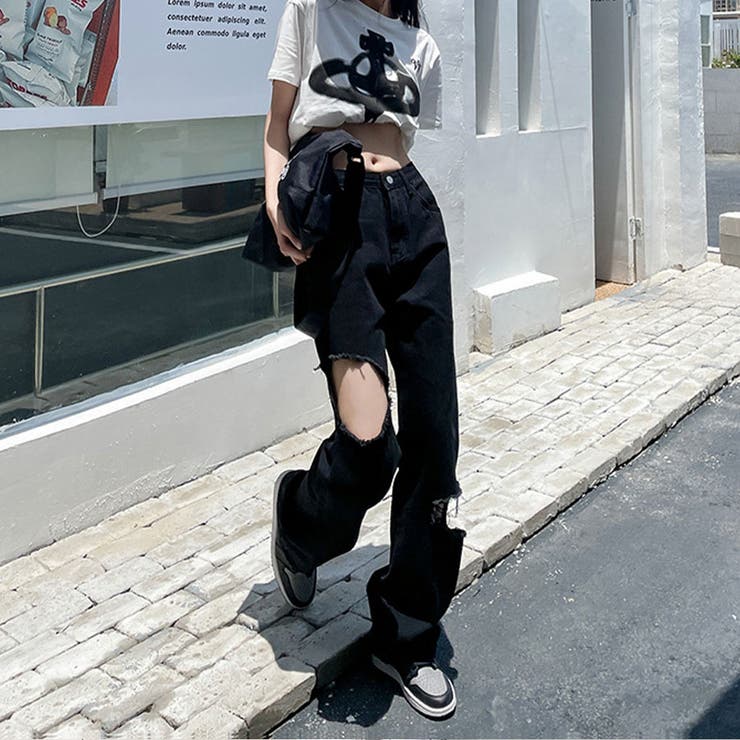 ダメージブラックデニムパンツ[品番：MJNW0003092]｜me Jane（ミー