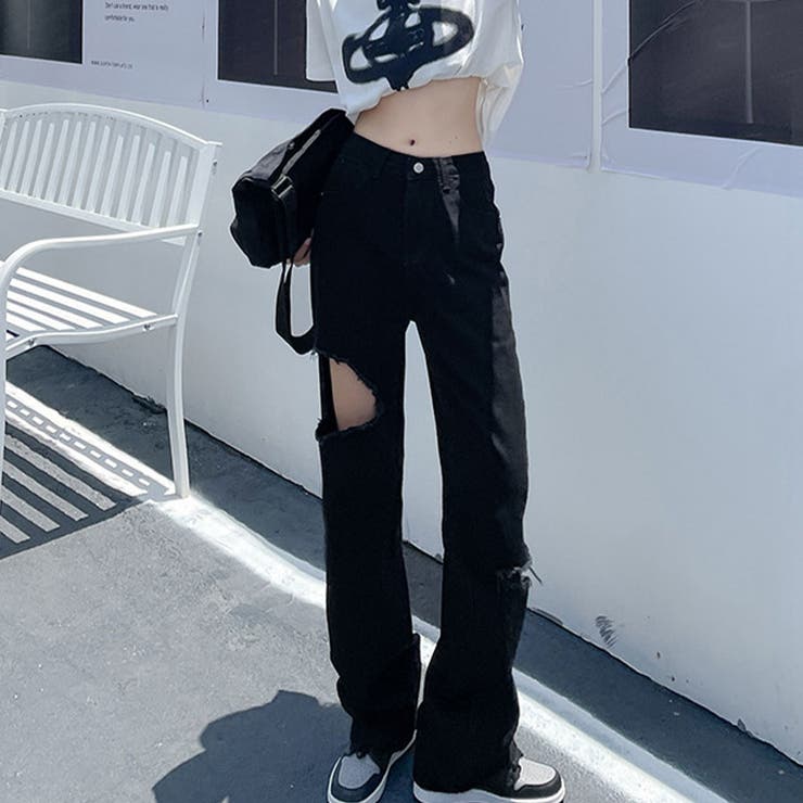 ダメージブラックデニムパンツ[品番：MJNW0003092]｜me Jane