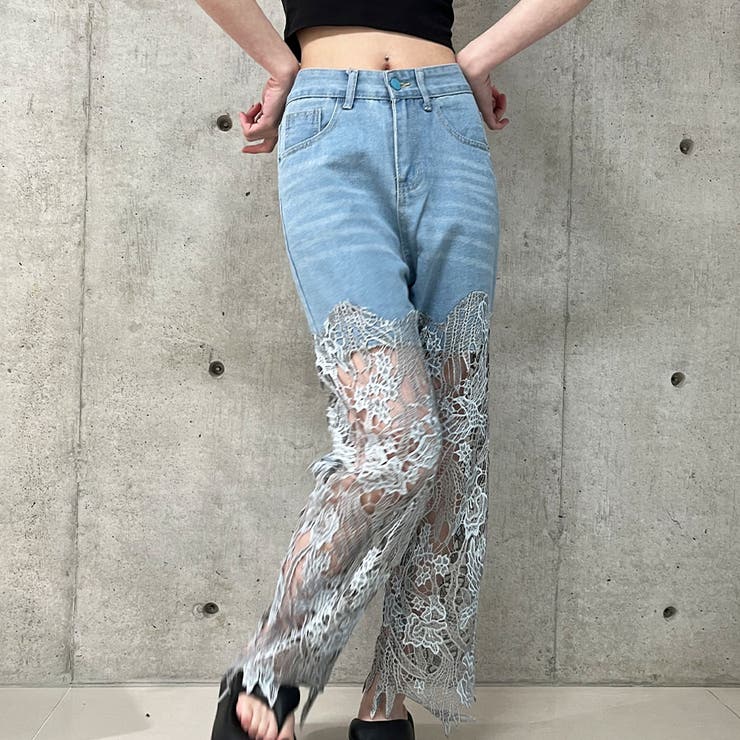 ブルー | レース切替デニムパンツ | me Jane