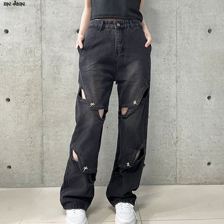 変形カットアウトブラックデニムパンツ[品番：MJNW0003148]｜me Jane