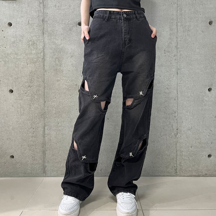 変形カットアウトブラックデニムパンツ[品番：MJNW0003148]｜me Jane