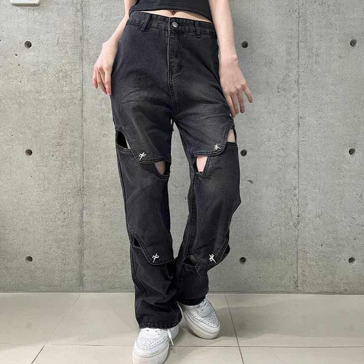変形カットアウトブラックデニムパンツ[品番：MJNW0003148]｜me Jane