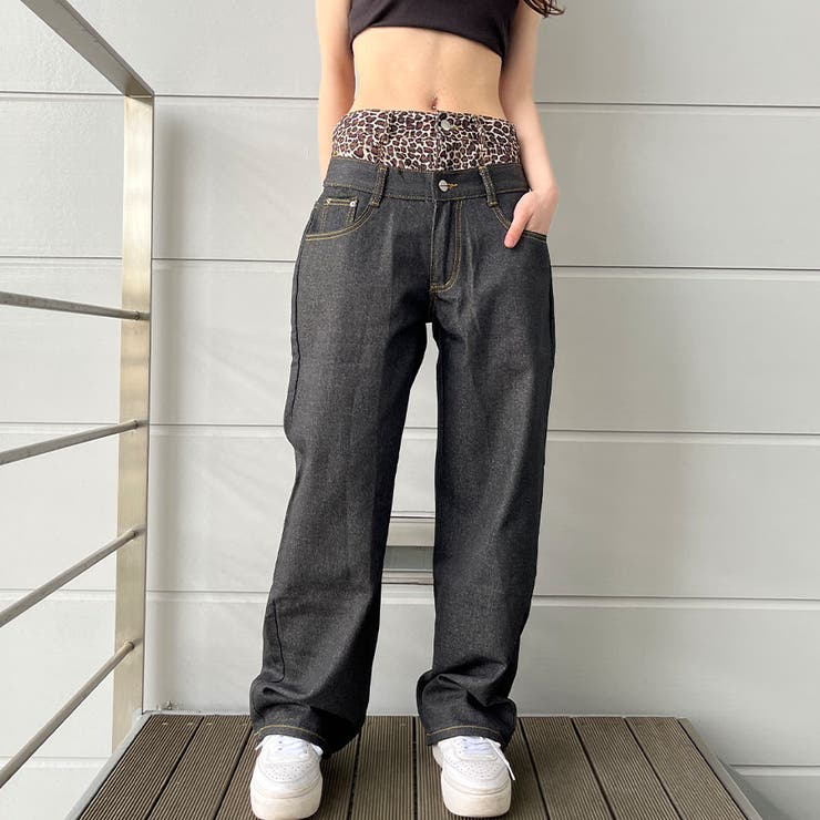 最旬トレンドパンツ レオパード柄レイヤードデニムワイドパンツ[品番：MJNW0003276 パンツ