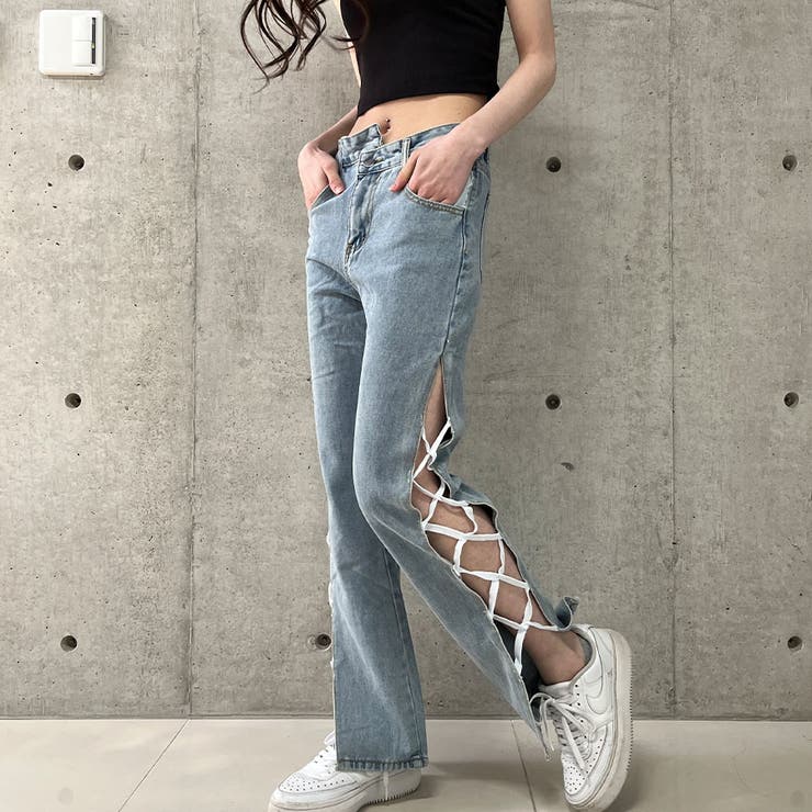 ブルー | サイドレースアップデニムパンツ | me Jane