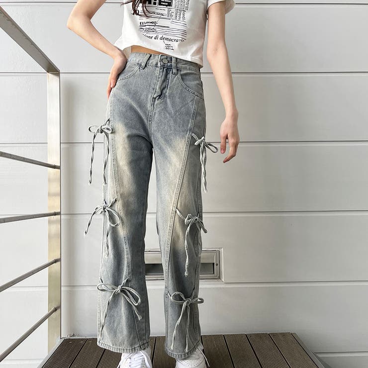 ブルー | サイドリボンデザインワイドパンツ | me Jane