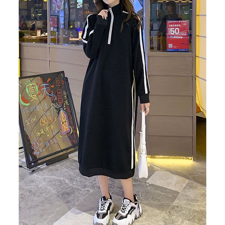 新作＞裏起毛サイドライン入りハーフジップワンピース[品番