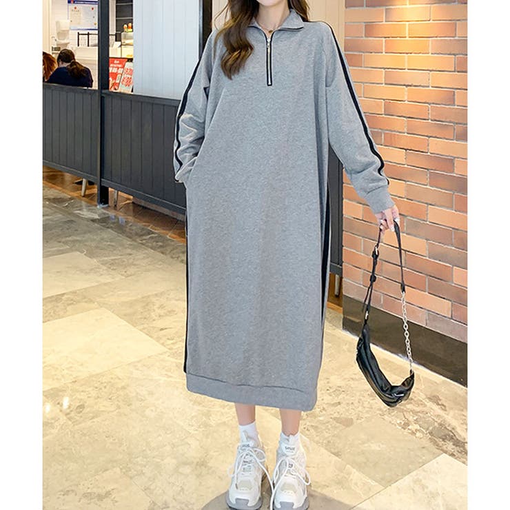 新作＞裏起毛サイドライン入りハーフジップワンピース[品番