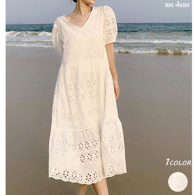 パンチングレースVネックワンピース[品番：MJNW0001290]｜me Jane