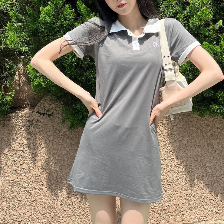 ポロ配色ワンポイントミニワンピース[品番：MJNW0002235]｜me Jane