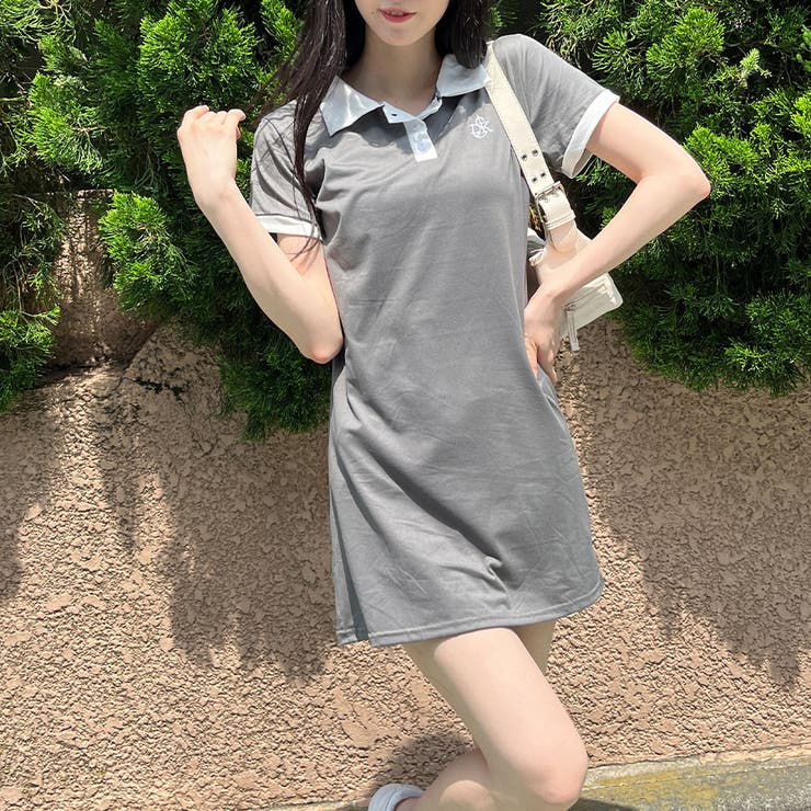 グレー ジッパー付き ポロミニワンピース ポロ配色ワンポイントミニワンピース[品番：MJNW0002235]｜me Jane