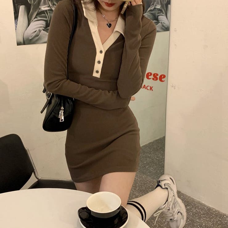 ブラウン | 配色襟ポロミニワンピース | me Jane