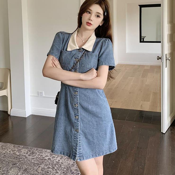 配色襟デニム半袖ミニワンピース[品番：MJNW0002666]｜me Jane（ミー