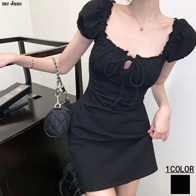 スクエアネックリボンミニワンピース[品番：MJNW0002734]｜me Jane  